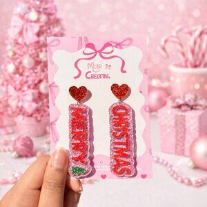 Merry Christmas Earrings Pink Glitter Statement Dangle Earrings Cute Holiday Jew